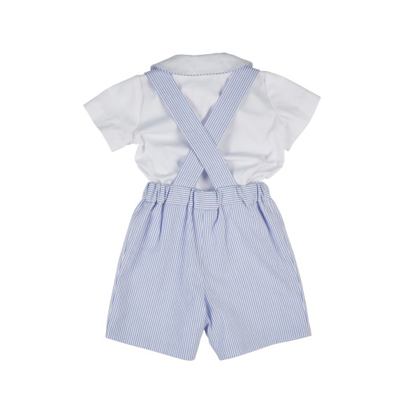 Florence Eiseman Boys Blue / White Seersucker Suspender Short Set