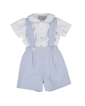 Florence Eiseman Boys Blue / White Seersucker Suspender Short Set