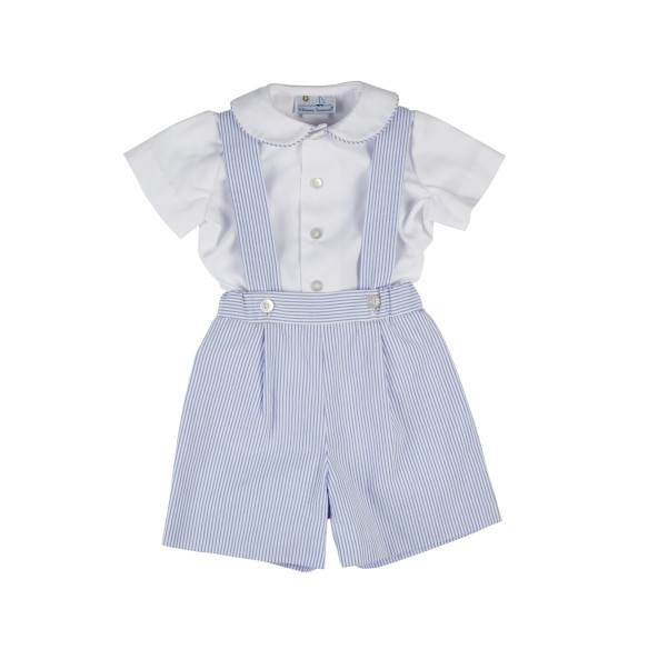 Florence Eiseman Boys Blue / White Seersucker Suspender Short Set